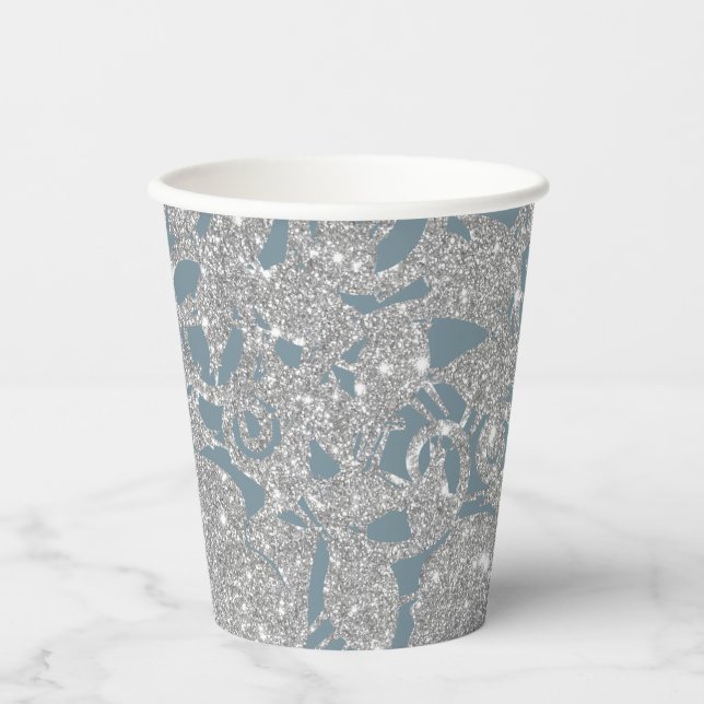Dusty Blue Silver Glitzer Floral Pappbecher (Vorderseite)