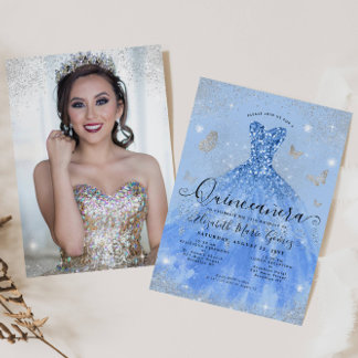 Dusty Blue Silver Glitzer Gown Foto Quinceanera Einladung