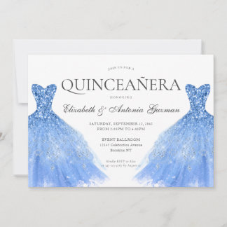 Dusty Blue Silver Glitzer Gown Twin Quinceanera Einladung