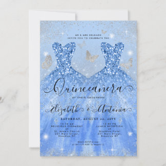 Dusty Blue Silver Glitzer Gown Twin Quinceanera Einladung
