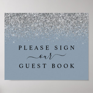 Dusty Blue & Silver Glitzer Guest Book Sign Poster