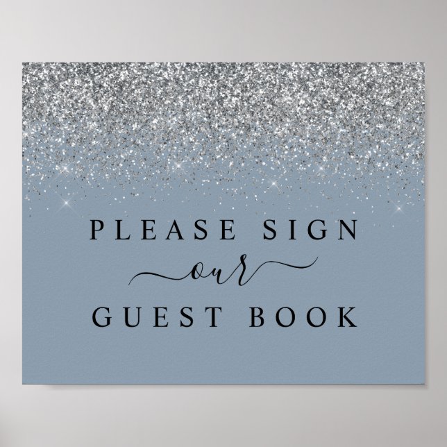 Dusty Blue & Silver Glitzer Guest Book Sign Poster (Vorne)