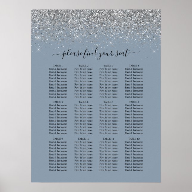 Dusty Blue & Silver Glitzer Hochzeitskarte Poster (Vorne)