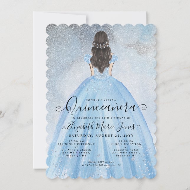 Dusty Blue Silver Glitzer Princess Quinceañera Einladung (Vorderseite)