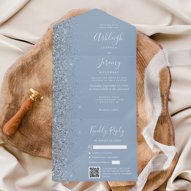 Dusty Blue Silver Glitzer QR Code Wedding All In One Einladung (Von Creator hochgeladen)