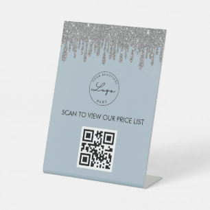 Dusty Blue Silver Glitzer Scan Me QR-Logo Sockelschild