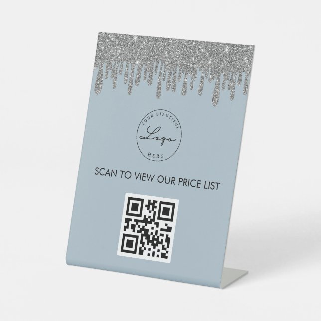 Dusty Blue Silver Glitzer Scan Me QR-Logo Sockelschild (Vorderseite)