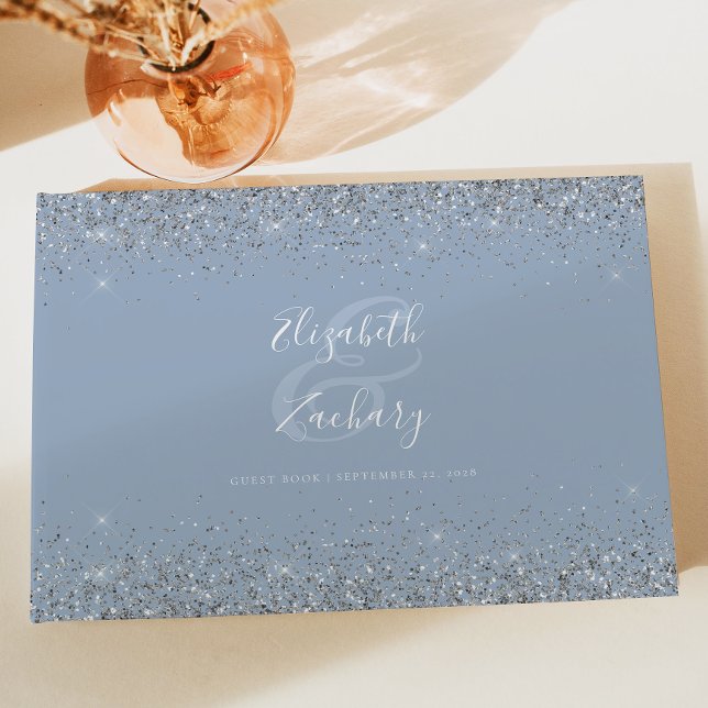 Dusty Blue Silver Glitzer Script Gästebuch (Von Creator hochgeladen)