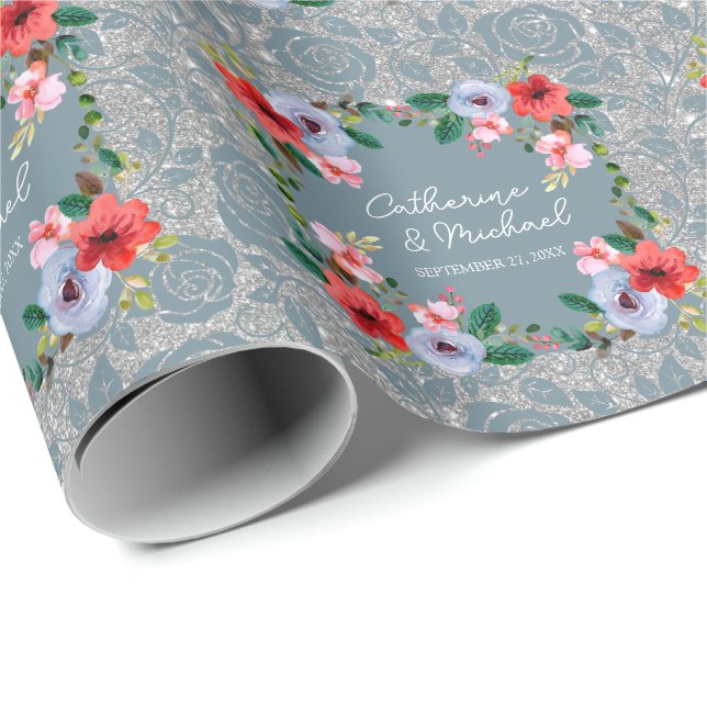 Dusty Blue Silver Glitzer Wasserfarben Geschenkpapier (Rolleneckpunkt)