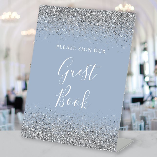 Dusty Blue Silver Glitzer Wedding Guest Book Sockelschild (Von Creator hochgeladen)