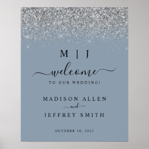Dusty Blue & Silver Glitzer Wedding Welcome Sign Poster