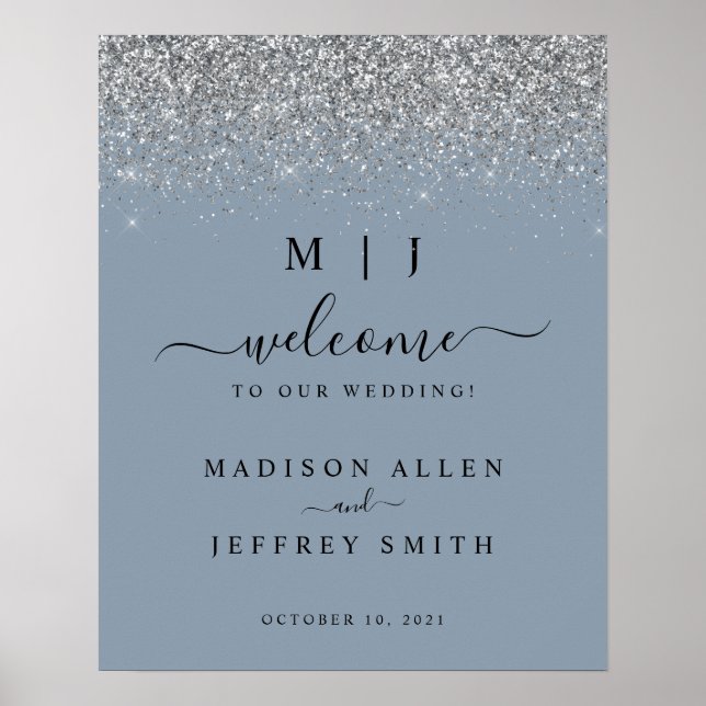 Dusty Blue & Silver Glitzer Wedding Welcome Sign Poster (Vorne)