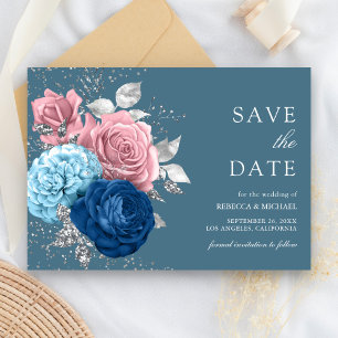 Dusty Blue Silver Pink Floral Wedding Save The Date