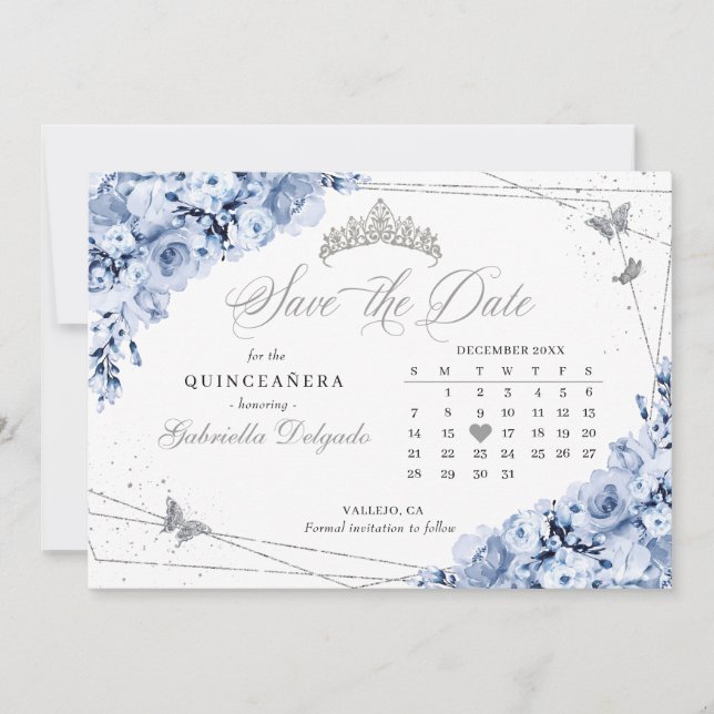 Dusty Blue & Silver Quinceañera Save the Date Einladung (Vorderseite)