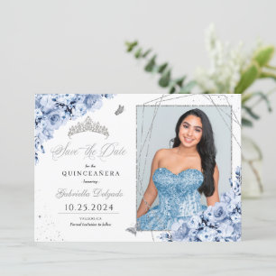 Dusty Blue Silver Quinceañera Save the Date Foto Einladung