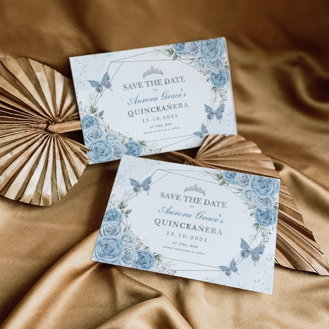 Dusty Blue Silver Rose Quinceanera Save the Date Ankündigung (Von Creator hochgeladen)