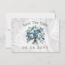 Dusty Blue Silver Rose Save the Date Card