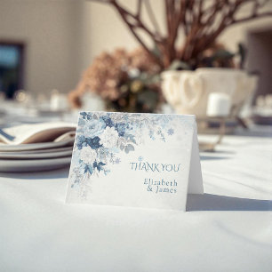 Dusty Blue Silver Rose Winter Floral Wedding Dankeskarte