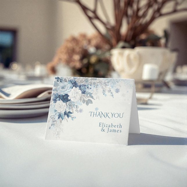 Dusty Blue Silver Rose Winter Floral Wedding Dankeskarte (Dusty Blue Silver Rose Winter Floral Wedding Thank You Card)
