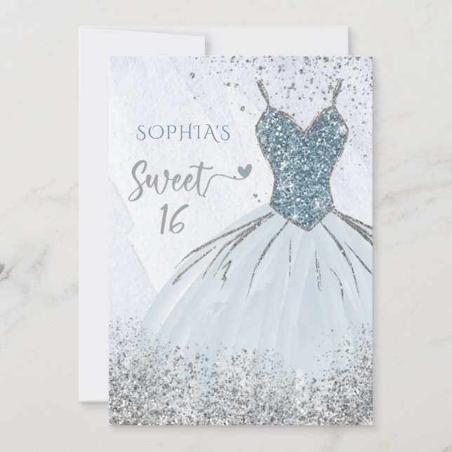 Dusty Blue Silver Sparkle Dress Sweet 16 Geburtsta Einladung (Vorderseite)