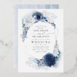Dusty Blue Silver White Floral Botanical Wedding Folieneinladung