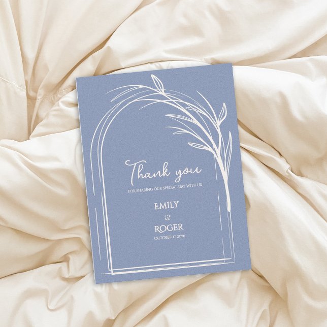 Dusty Blue Simple Arch Botanical Wedding Thank You Postkarte (Dusty Blue Minimalist Arch Botanical Wedding Thank You Card | Elegant Modern Wedding Thank You)