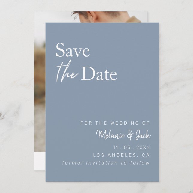 Dusty Blue Simple Calligraphy Foto Save the Date (Vorne/Hinten)