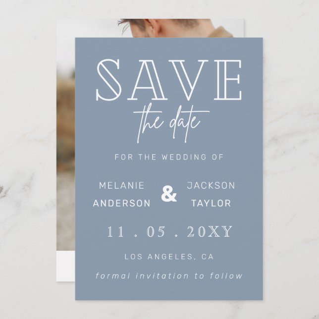 Dusty Blue Simple Calligraphy Foto Save the Date (Vorne/Hinten)