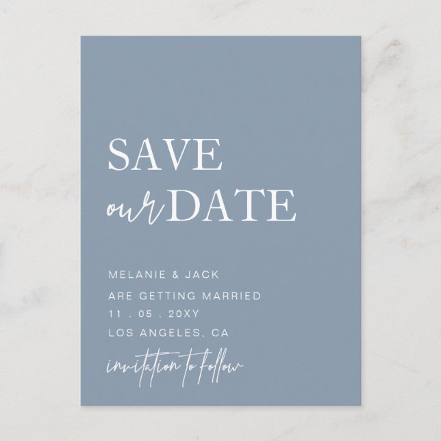 Dusty Blue Simple Calligraphy Save the Date Ankündigungspostkarte (Vorderseite)