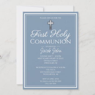 Dusty Blue Simple Elegant Boys Communion Einladung