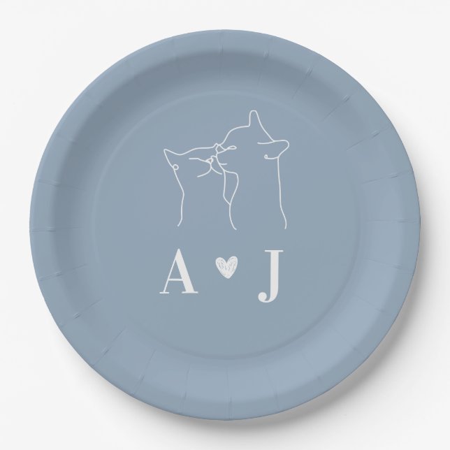Dusty Blue Simple Minimalistisch Cat Monogram Wedd Pappteller (Vorderseite)