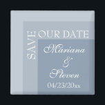Dusty Blue Simple Modern Chic Script Wedding Magne Magnet<br><div class="desc">Simple modern chic script wedding magnet 'SAVE OUR DATE' for brides who are adorning their ceremonies in modern dusty blue. All set on modern white font with initials on the side.</div>