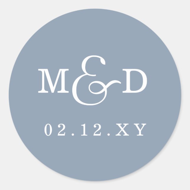 Dusty Blue Simple Modern Monogram Wedding Runder Aufkleber (Vorderseite)