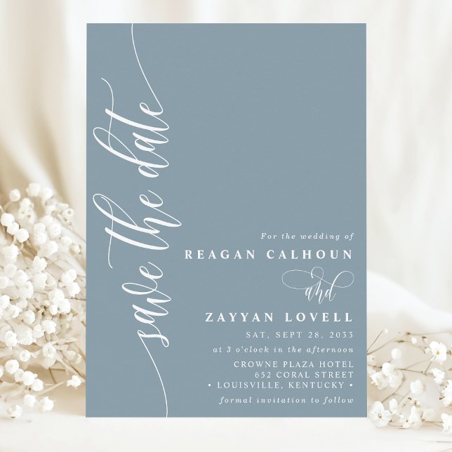 Dusty Blue Simple Modern Script Save the Date (Von Creator hochgeladen)