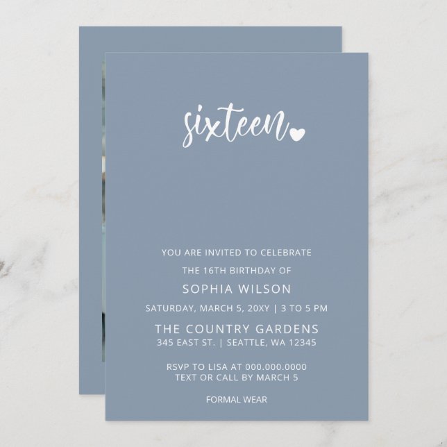Dusty Blue Simple Script Sweet 16 Birthday Foto Einladung (Vorne/Hinten)