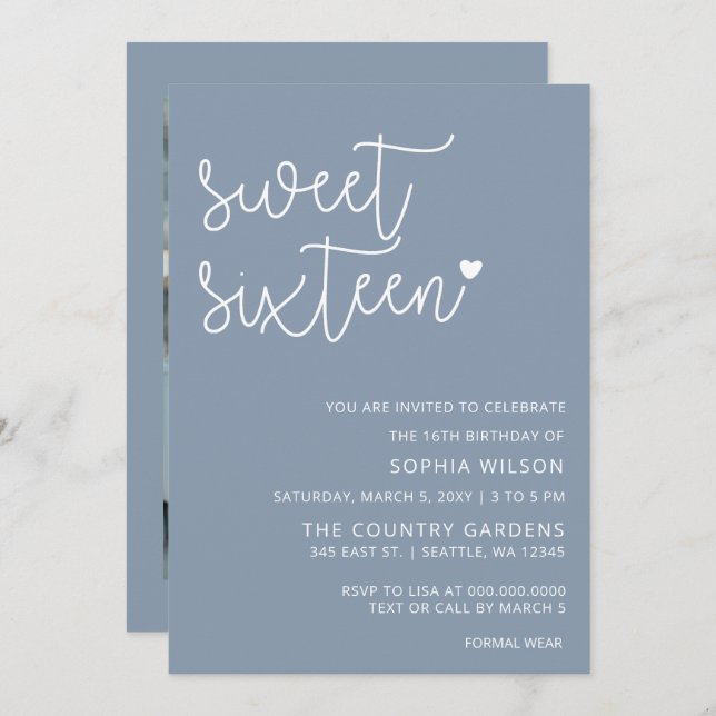 Dusty Blue Simple Script Sweet 16 Birthday Foto I Einladung (Vorne/Hinten)