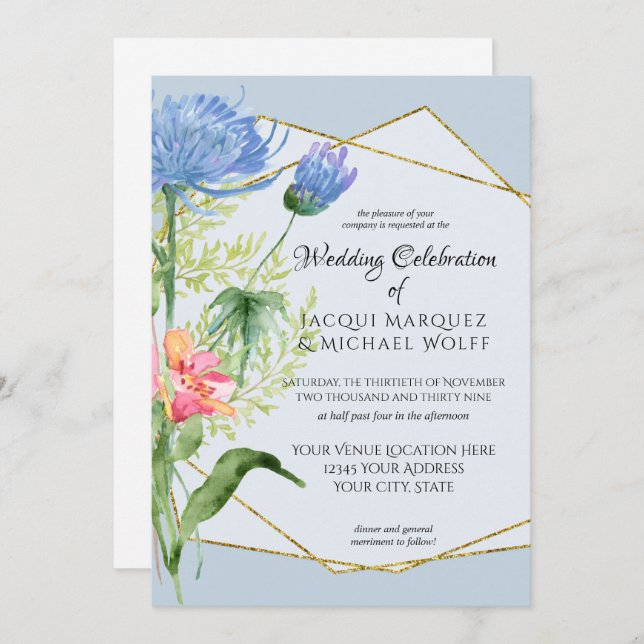 Dusty Blue Simple Watercolor Moderne Blumenhochzei Einladung (Vorne/Hinten)