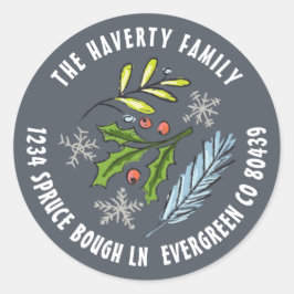 Dusty Blue Sketched Holly Spruce Winter Holiday Runder Aufkleber