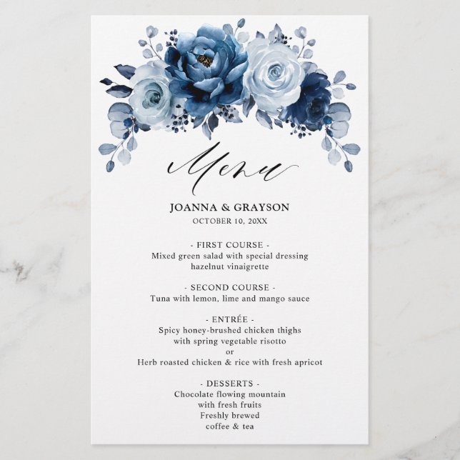 Dusty Blue Slate Navy Botanisches Hochzeitmenü (Vorderseite)