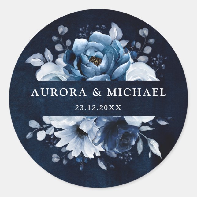Dusty Blue Slate Navy Floral Botanical Wedding Cla Runder Aufkleber (Vorderseite)