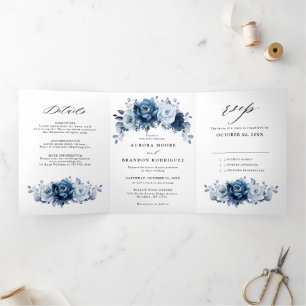 Dusty Blue Slate Navy Floral Botanical Wedding Dreifach Gefaltete Ankündigung