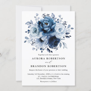 Dusty Blue Slate Navy Floral Botanical Wedding Einladung