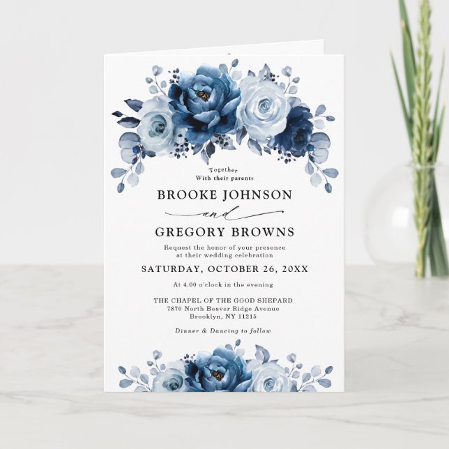 Dusty Blue Slate Navy Floral Botanical Wedding Einladung (Vorderseite)