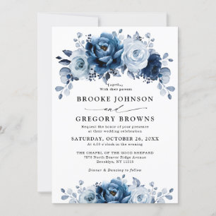 Dusty Blue Slate Navy Floral Botanical Wedding Einladung
