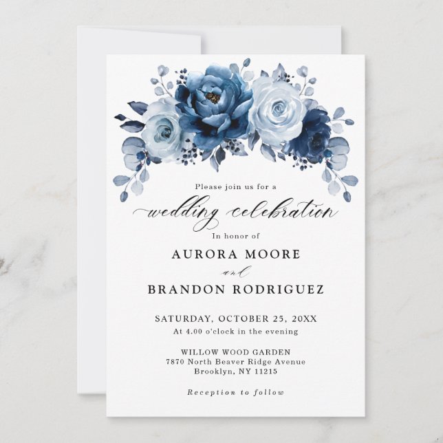 Dusty Blue Slate Navy Floral Botanical Wedding Einladung (Vorderseite)