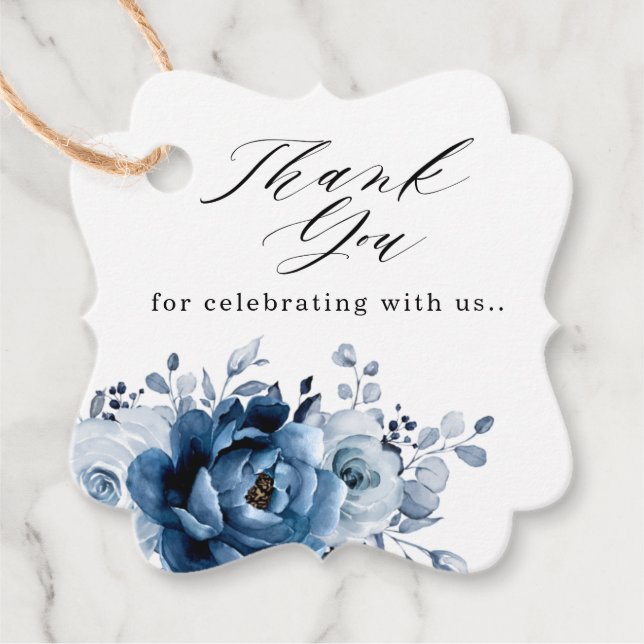 Dusty Blue Slate Navy Floral Botanical Wedding Geschenkanhänger (Vorderseite)