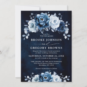 Dusty Blue Slate Navy Floral Botanical Wedding Inv Einladung