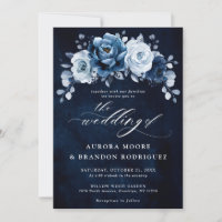 Dusty Blue Slate Navy Floral Botanical Wedding Inv
