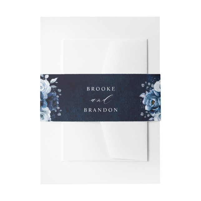 Dusty Blue Slate Navy Floral Botanical Wedding Inv Einladungsbanderole (Vorderseite Beispiel)
