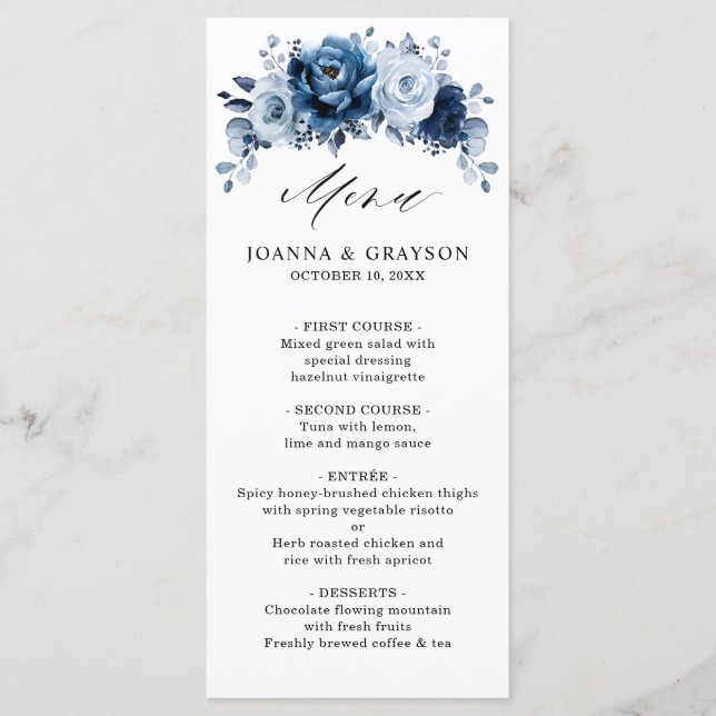 Dusty Blue Slate Navy Floral Botanical Wedding Menükarte (Vorderseite)